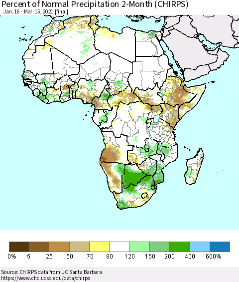 Africa Percent of Normal Precipitation 2-Month (CHIRPS) Thematic Map For 1/16/2021 - 3/15/2021