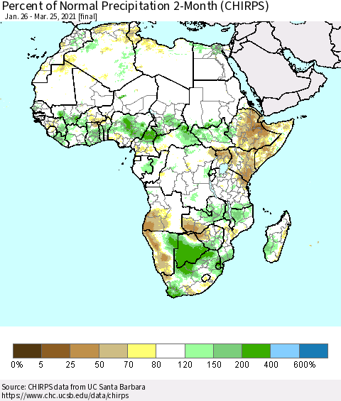 Africa Percent of Normal Precipitation 2-Month (CHIRPS) Thematic Map For 1/26/2021 - 3/25/2021