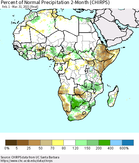 Africa Percent of Normal Precipitation 2-Month (CHIRPS) Thematic Map For 2/1/2021 - 3/31/2021