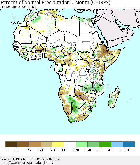 Africa Percent of Normal Precipitation 2-Month (CHIRPS) Thematic Map For 2/6/2021 - 4/5/2021