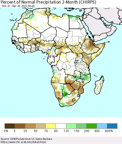 Africa Percent of Normal Precipitation 2-Month (CHIRPS) Thematic Map For 2/21/2021 - 4/20/2021