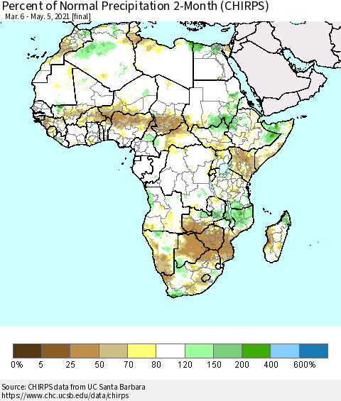 Africa Percent of Normal Precipitation 2-Month (CHIRPS) Thematic Map For 3/6/2021 - 5/5/2021