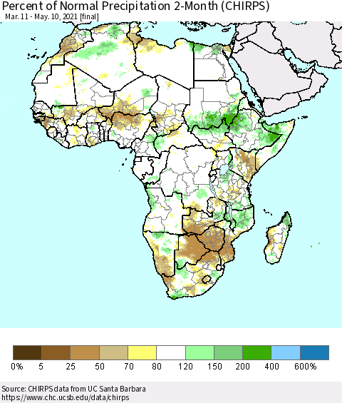Africa Percent of Normal Precipitation 2-Month (CHIRPS) Thematic Map For 3/11/2021 - 5/10/2021