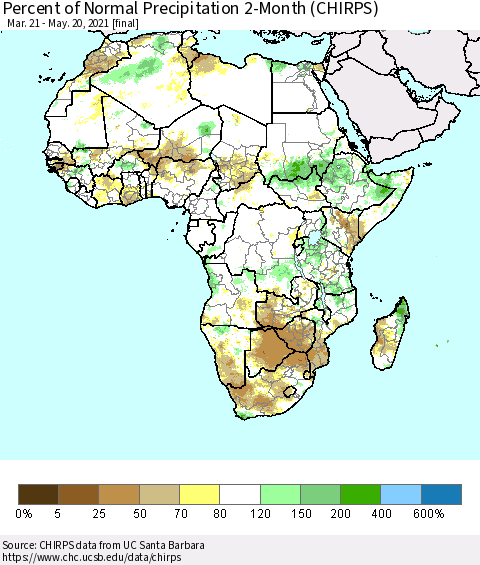 Africa Percent of Normal Precipitation 2-Month (CHIRPS) Thematic Map For 3/21/2021 - 5/20/2021