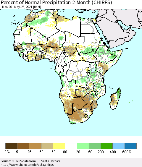 Africa Percent of Normal Precipitation 2-Month (CHIRPS) Thematic Map For 3/26/2021 - 5/25/2021