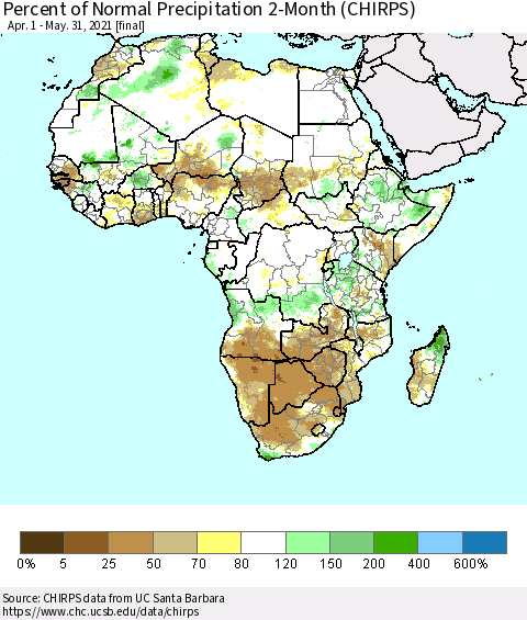 Africa Percent of Normal Precipitation 2-Month (CHIRPS) Thematic Map For 4/1/2021 - 5/31/2021