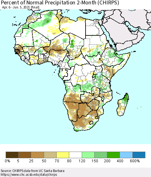 Africa Percent of Normal Precipitation 2-Month (CHIRPS) Thematic Map For 4/6/2021 - 6/5/2021