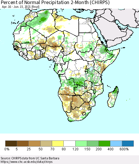 Africa Percent of Normal Precipitation 2-Month (CHIRPS) Thematic Map For 4/16/2021 - 6/15/2021
