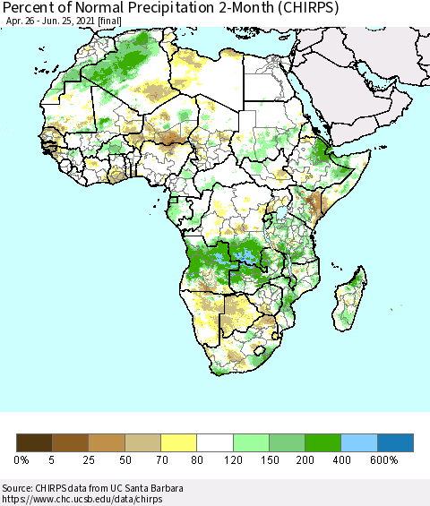 Africa Percent of Normal Precipitation 2-Month (CHIRPS) Thematic Map For 4/26/2021 - 6/25/2021