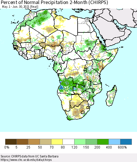 Africa Percent of Normal Precipitation 2-Month (CHIRPS) Thematic Map For 5/1/2021 - 6/30/2021