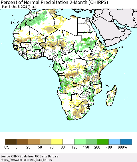 Africa Percent of Normal Precipitation 2-Month (CHIRPS) Thematic Map For 5/6/2021 - 7/5/2021