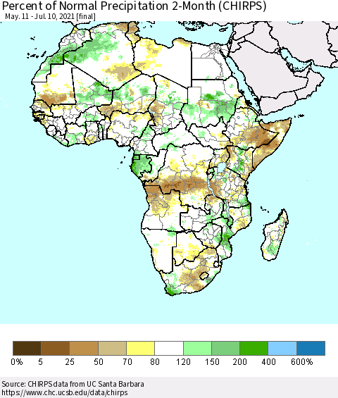 Africa Percent of Normal Precipitation 2-Month (CHIRPS) Thematic Map For 5/11/2021 - 7/10/2021