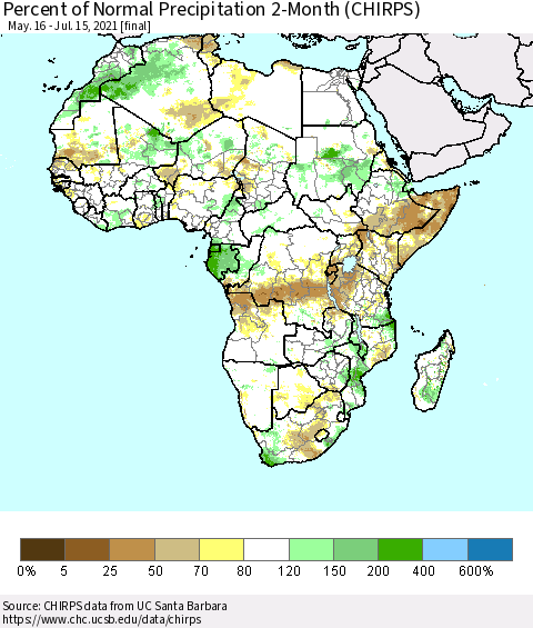 Africa Percent of Normal Precipitation 2-Month (CHIRPS) Thematic Map For 5/16/2021 - 7/15/2021