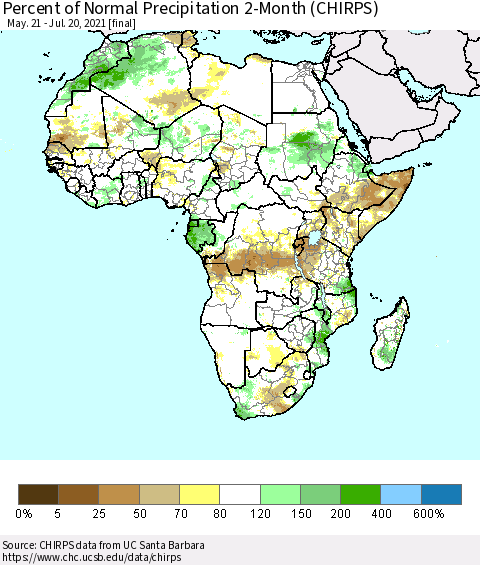 Africa Percent of Normal Precipitation 2-Month (CHIRPS) Thematic Map For 5/21/2021 - 7/20/2021