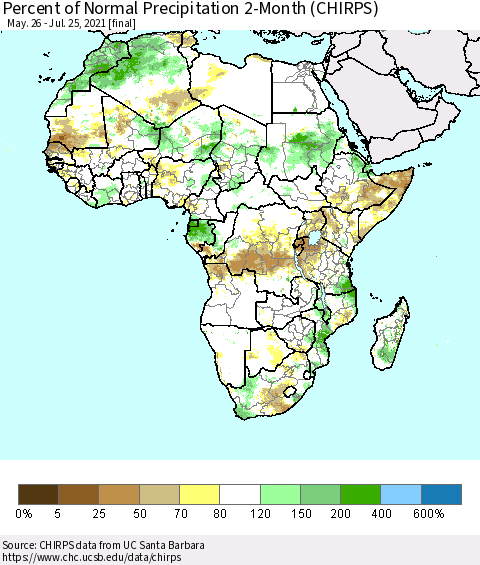 Africa Percent of Normal Precipitation 2-Month (CHIRPS) Thematic Map For 5/26/2021 - 7/25/2021