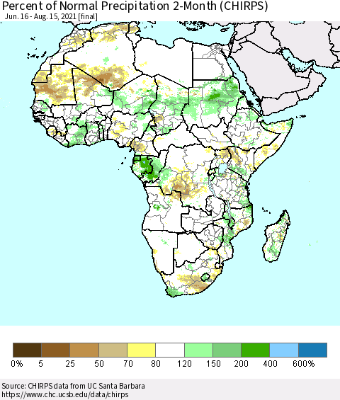 Africa Percent of Normal Precipitation 2-Month (CHIRPS) Thematic Map For 6/16/2021 - 8/15/2021