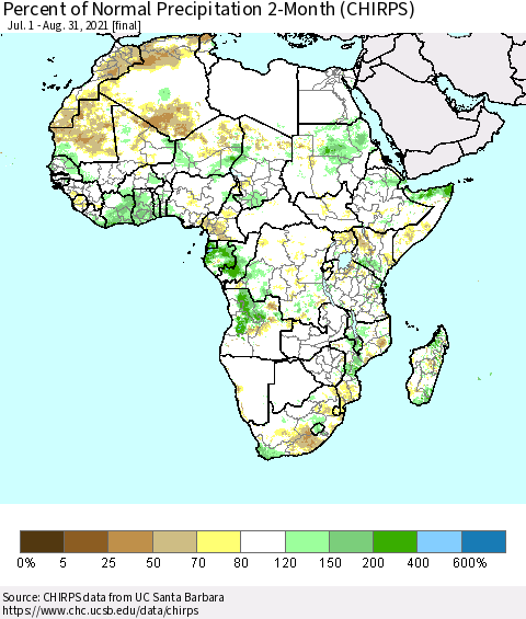 Africa Percent of Normal Precipitation 2-Month (CHIRPS) Thematic Map For 7/1/2021 - 8/31/2021