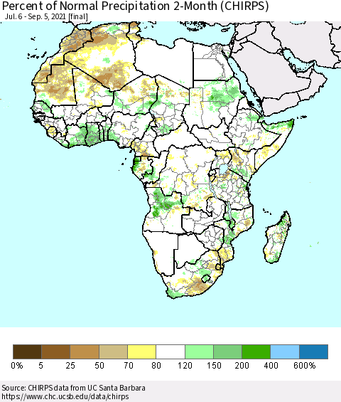 Africa Percent of Normal Precipitation 2-Month (CHIRPS) Thematic Map For 7/6/2021 - 9/5/2021