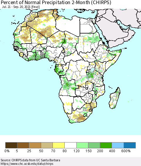 Africa Percent of Normal Precipitation 2-Month (CHIRPS) Thematic Map For 7/21/2021 - 9/20/2021