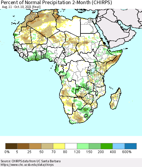 Africa Percent of Normal Precipitation 2-Month (CHIRPS) Thematic Map For 8/11/2021 - 10/10/2021