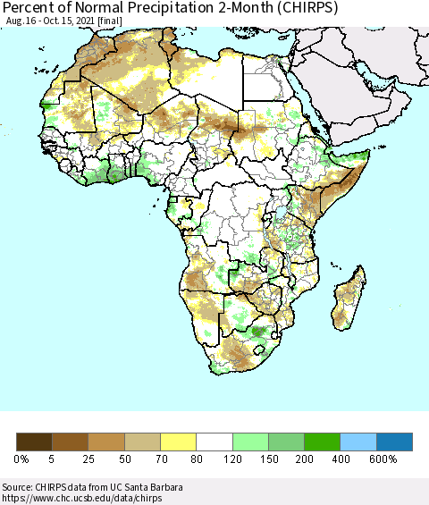 Africa Percent of Normal Precipitation 2-Month (CHIRPS) Thematic Map For 8/16/2021 - 10/15/2021