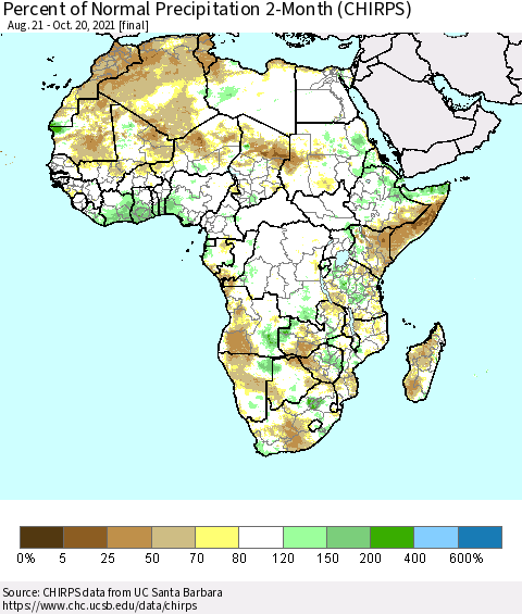 Africa Percent of Normal Precipitation 2-Month (CHIRPS) Thematic Map For 8/21/2021 - 10/20/2021