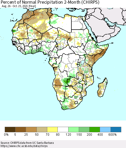 Africa Percent of Normal Precipitation 2-Month (CHIRPS) Thematic Map For 8/26/2021 - 10/25/2021