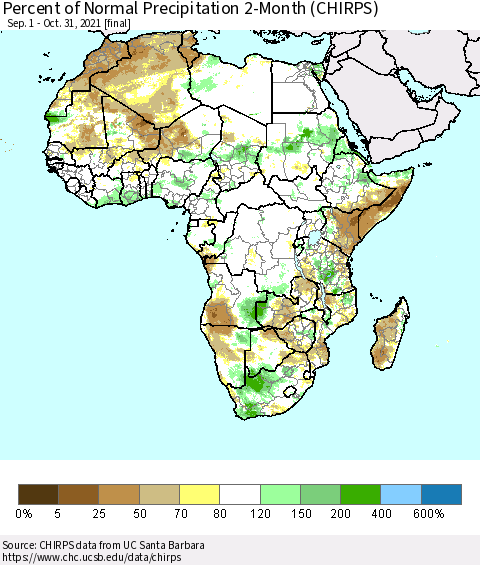 Africa Percent of Normal Precipitation 2-Month (CHIRPS) Thematic Map For 9/1/2021 - 10/31/2021