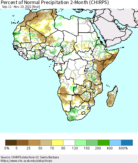 Africa Percent of Normal Precipitation 2-Month (CHIRPS) Thematic Map For 9/11/2021 - 11/10/2021