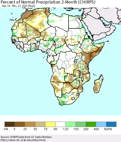 Africa Percent of Normal Precipitation 2-Month (CHIRPS) Thematic Map For 9/16/2021 - 11/15/2021