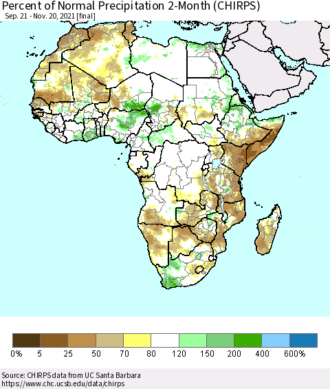Africa Percent of Normal Precipitation 2-Month (CHIRPS) Thematic Map For 9/21/2021 - 11/20/2021