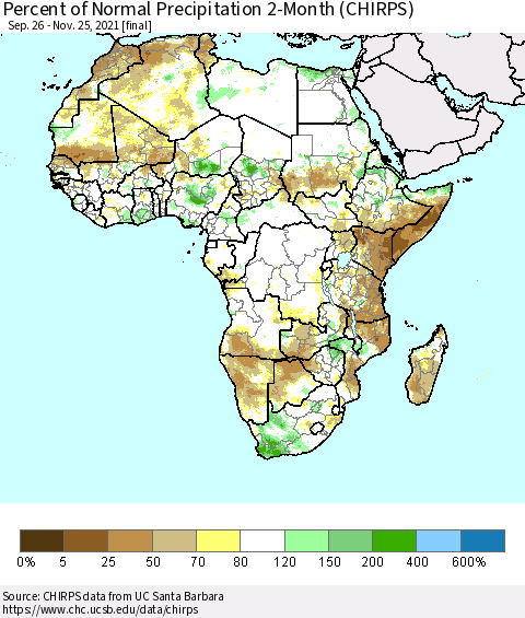 Africa Percent of Normal Precipitation 2-Month (CHIRPS) Thematic Map For 9/26/2021 - 11/25/2021