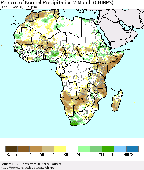 Africa Percent of Normal Precipitation 2-Month (CHIRPS) Thematic Map For 10/1/2021 - 11/30/2021