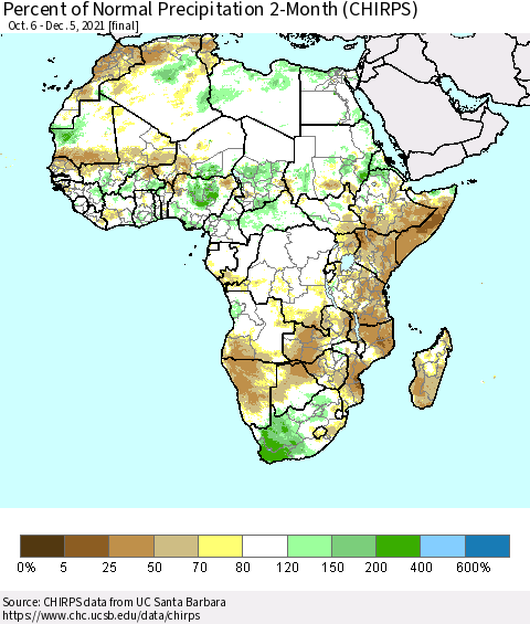 Africa Percent of Normal Precipitation 2-Month (CHIRPS) Thematic Map For 10/6/2021 - 12/5/2021