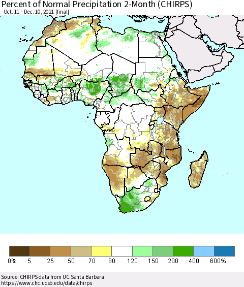 Africa Percent of Normal Precipitation 2-Month (CHIRPS) Thematic Map For 10/11/2021 - 12/10/2021