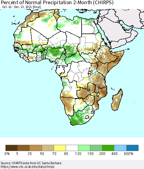Africa Percent of Normal Precipitation 2-Month (CHIRPS) Thematic Map For 10/16/2021 - 12/15/2021