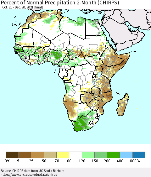 Africa Percent of Normal Precipitation 2-Month (CHIRPS) Thematic Map For 10/21/2021 - 12/20/2021