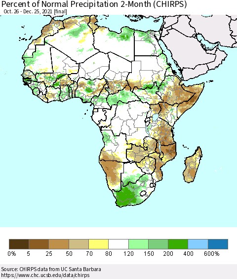 Africa Percent of Normal Precipitation 2-Month (CHIRPS) Thematic Map For 10/26/2021 - 12/25/2021