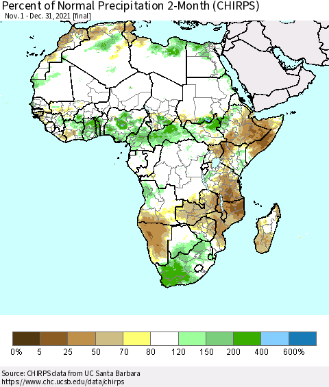 Africa Percent of Normal Precipitation 2-Month (CHIRPS) Thematic Map For 11/1/2021 - 12/31/2021