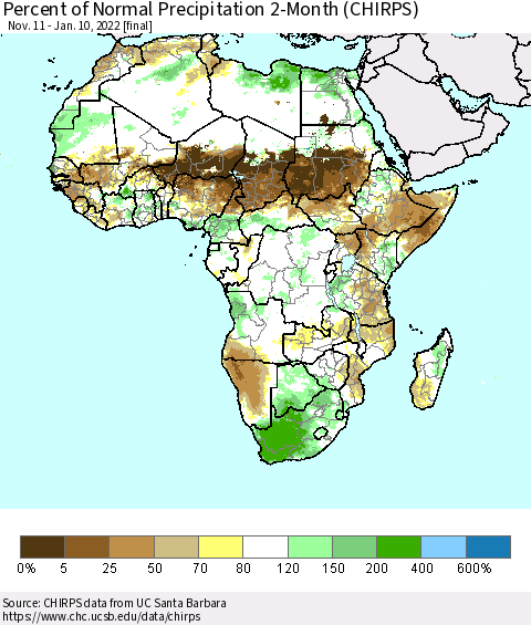 Africa Percent of Normal Precipitation 2-Month (CHIRPS) Thematic Map For 11/11/2021 - 1/10/2022
