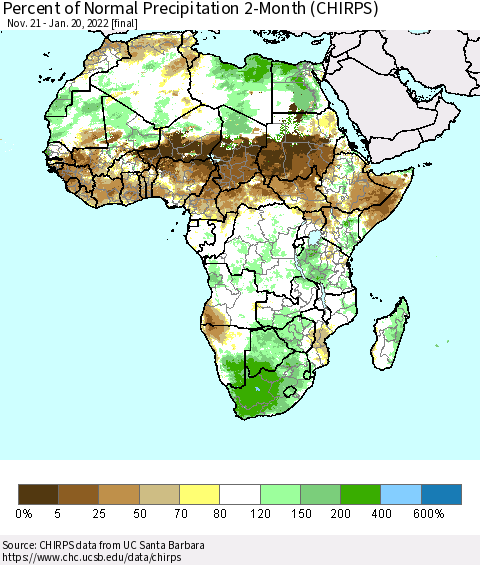 Africa Percent of Normal Precipitation 2-Month (CHIRPS) Thematic Map For 11/21/2021 - 1/20/2022