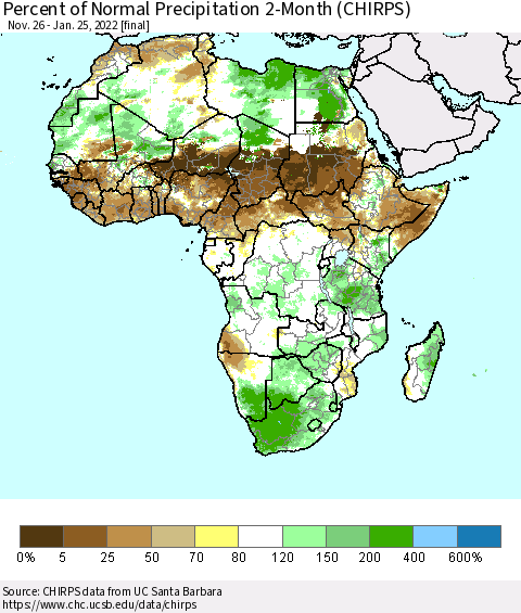 Africa Percent of Normal Precipitation 2-Month (CHIRPS) Thematic Map For 11/26/2021 - 1/25/2022