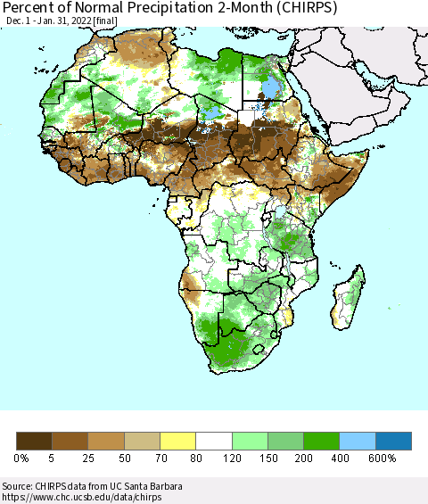 Africa Percent of Normal Precipitation 2-Month (CHIRPS) Thematic Map For 12/1/2021 - 1/31/2022