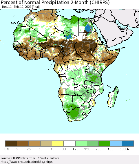 Africa Percent of Normal Precipitation 2-Month (CHIRPS) Thematic Map For 12/11/2021 - 2/10/2022