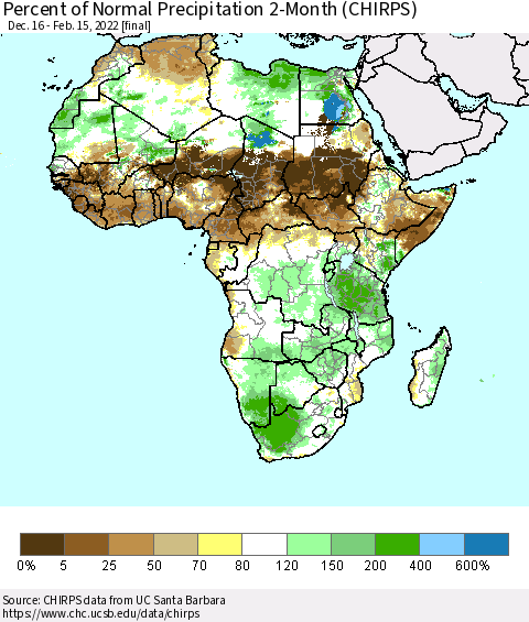 Africa Percent of Normal Precipitation 2-Month (CHIRPS) Thematic Map For 12/16/2021 - 2/15/2022