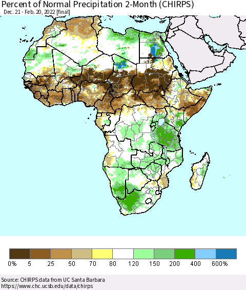 Africa Percent of Normal Precipitation 2-Month (CHIRPS) Thematic Map For 12/21/2021 - 2/20/2022