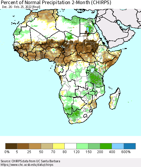 Africa Percent of Normal Precipitation 2-Month (CHIRPS) Thematic Map For 12/26/2021 - 2/25/2022