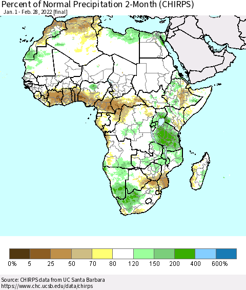 Africa Percent of Normal Precipitation 2-Month (CHIRPS) Thematic Map For 1/1/2022 - 2/28/2022