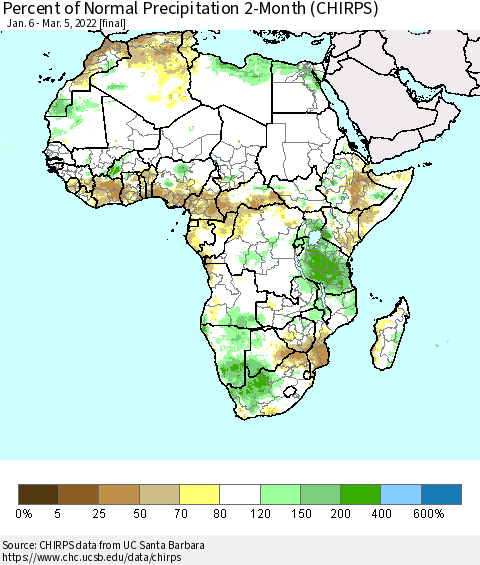 Africa Percent of Normal Precipitation 2-Month (CHIRPS) Thematic Map For 1/6/2022 - 3/5/2022