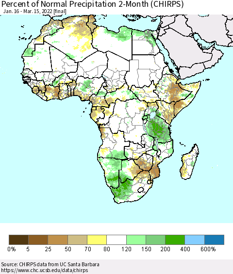 Africa Percent of Normal Precipitation 2-Month (CHIRPS) Thematic Map For 1/16/2022 - 3/15/2022
